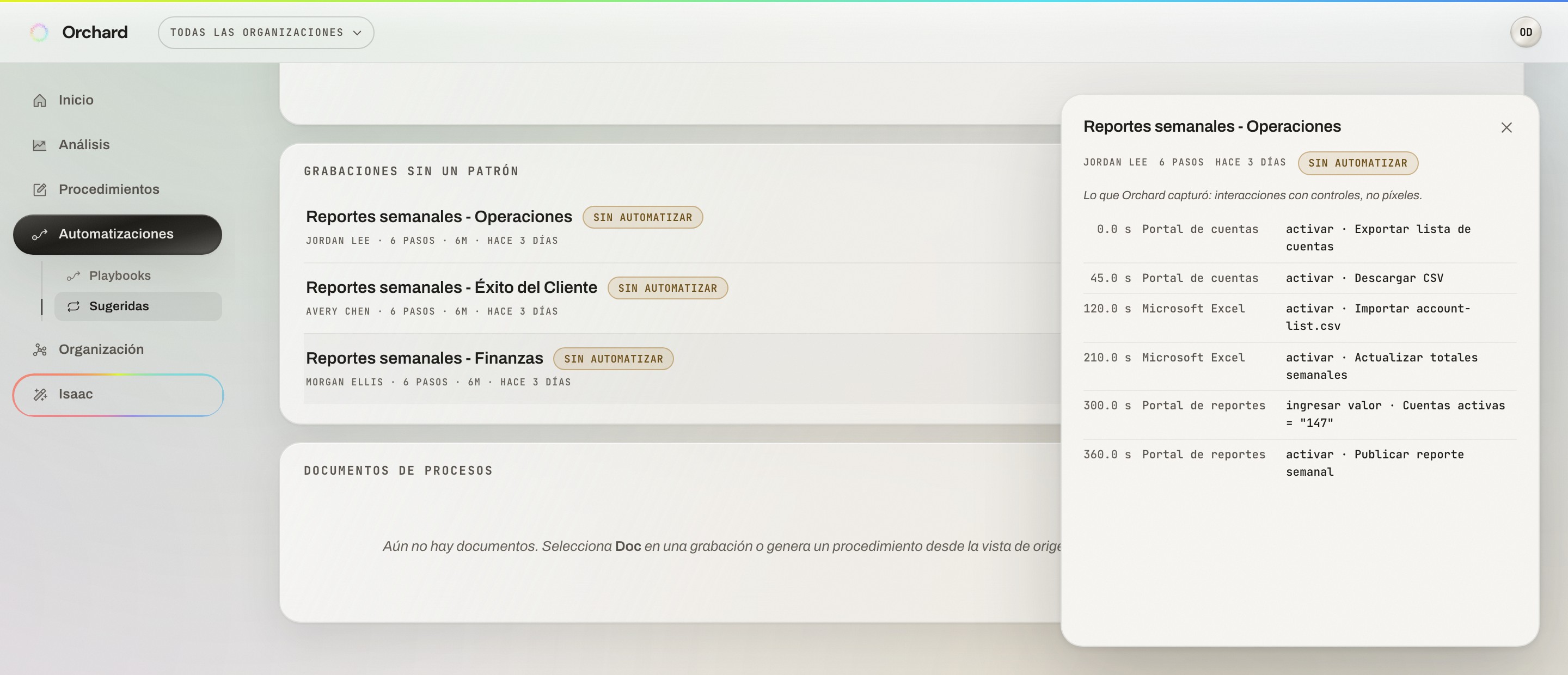 Espacio de Automatizaciones de Orchard en español con tres grabaciones de ejemplo y el detalle del equipo de Operaciones, que muestra seis interacciones en seis minutos.